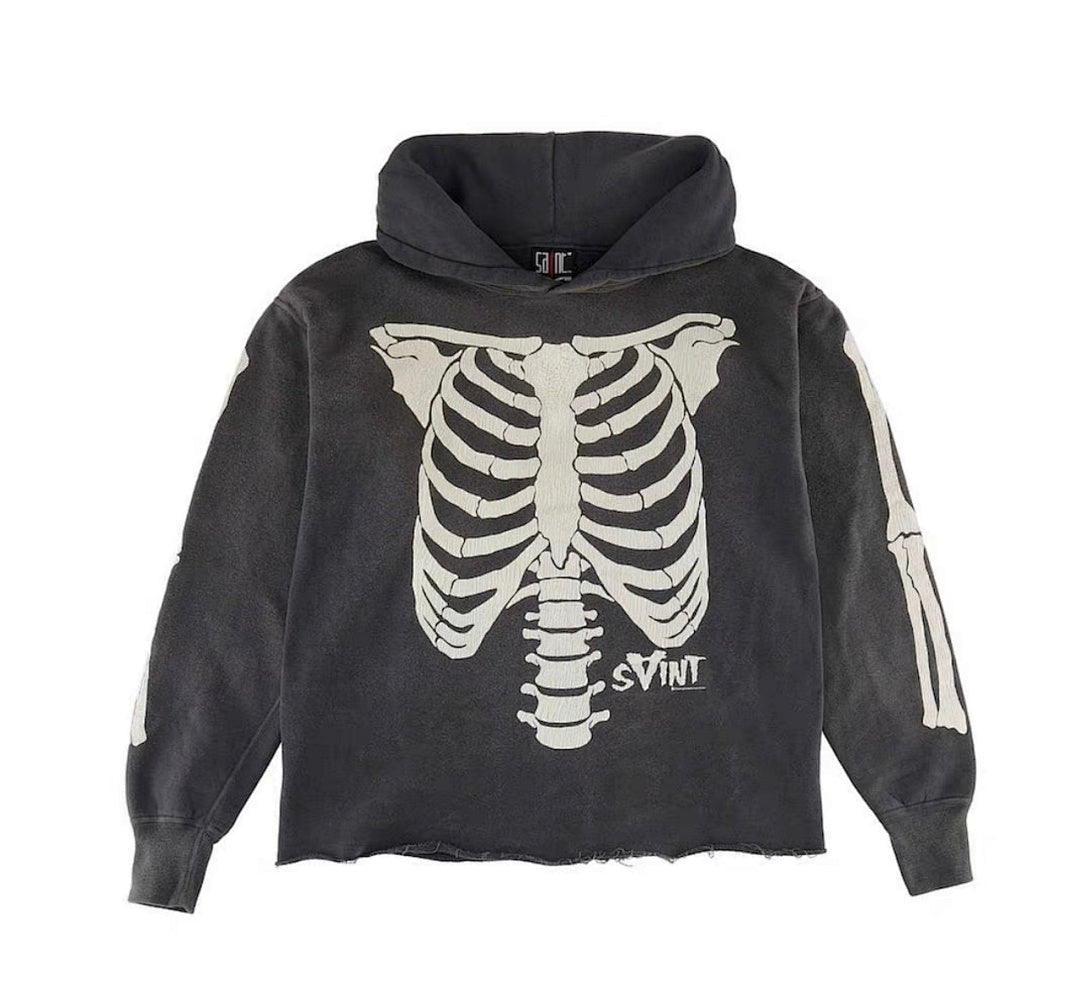Saint Michael Skeleton Ribcage Cropped Vintage Black Hoodie