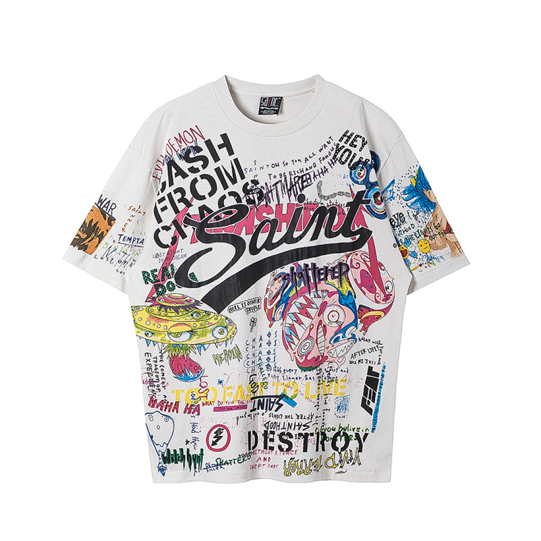 Saint Michael Graffiti Doodle Collage Vintage Off‑White Tee