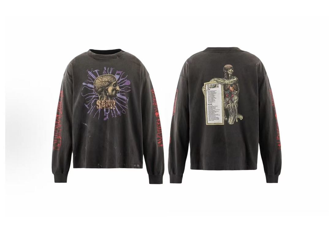 Saint Michael Anatomy Skeleton Vintage Washed Black Long Sleeve Tee