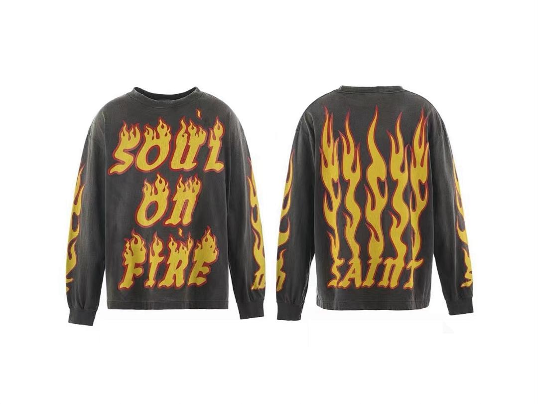Saint Mx6 Soul On Fire Flame Vintage Washed Black Long Sleeve Tee