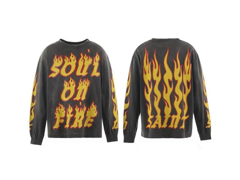 Saint Mx6 Soul On Fire Flame Vintage Washed Black Long Sleeve Tee
