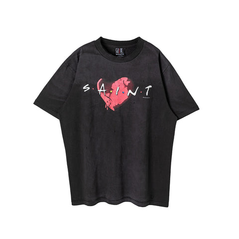 Saint Michael Dripping Pink Heart Distressed Vintage Black Tee