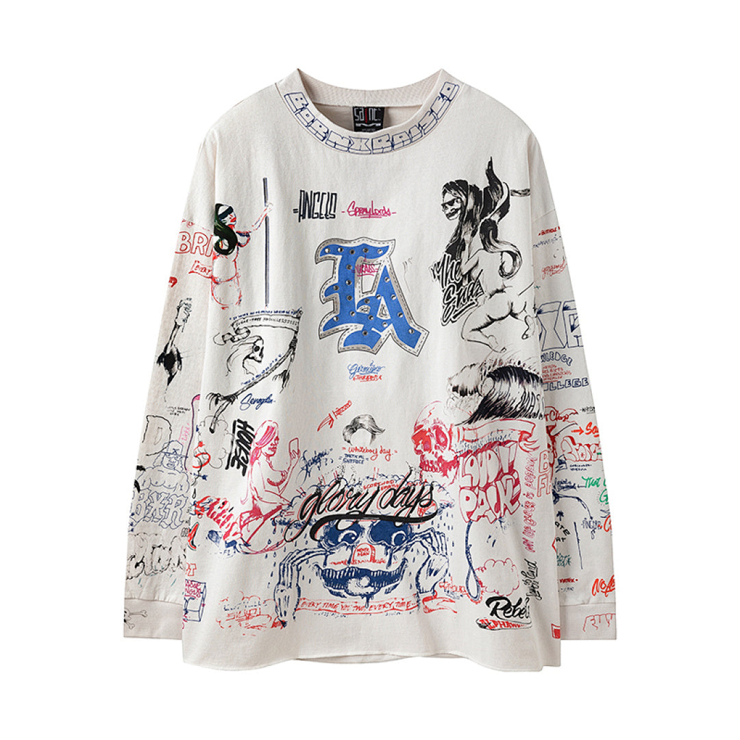 Saint Mx6 LA Graffiti Sketch Vintage Washed Off‑White Long Sleeve Tee