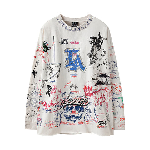 Saint Mx6 LA Graffiti Sketch Vintage Washed Off‑White Long Sleeve Tee