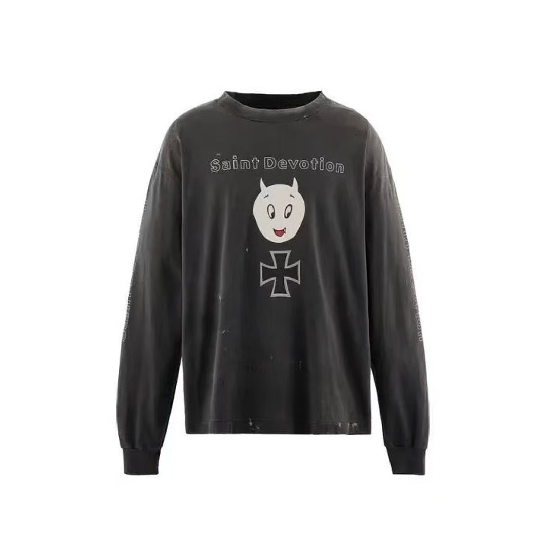 Saint Michael Saint Devotion Devil Cartoon Vintage Washed Long Sleeve Tee