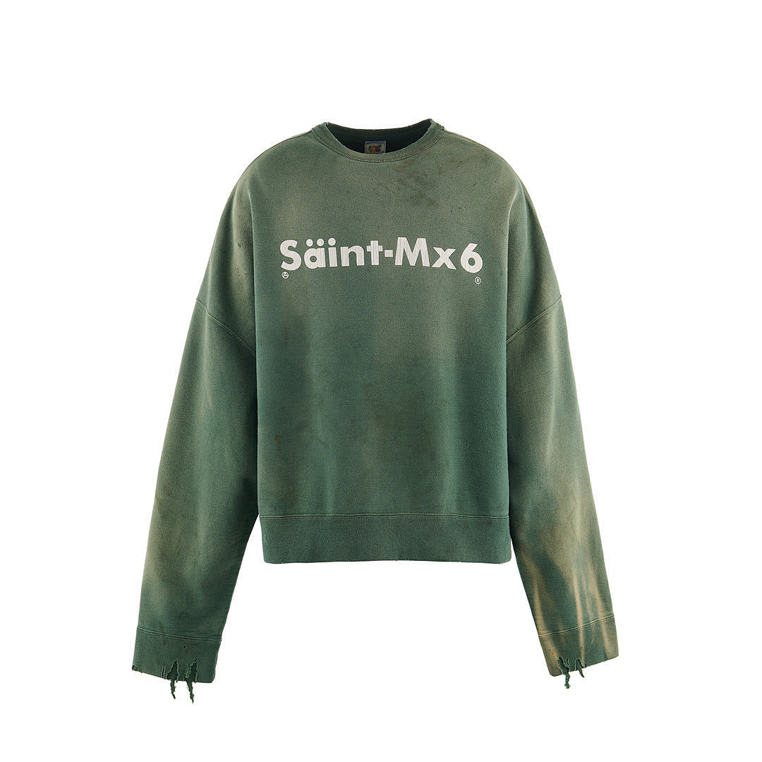 Saint‑Mx6 Vintage Tie‑Dye Green Distressed Cropped Crewneck Sweatshirt