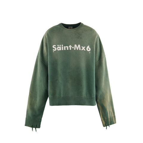 Saint‑Mx6 Vintage Tie‑Dye Green Distressed Cropped Crewneck Sweatshirt