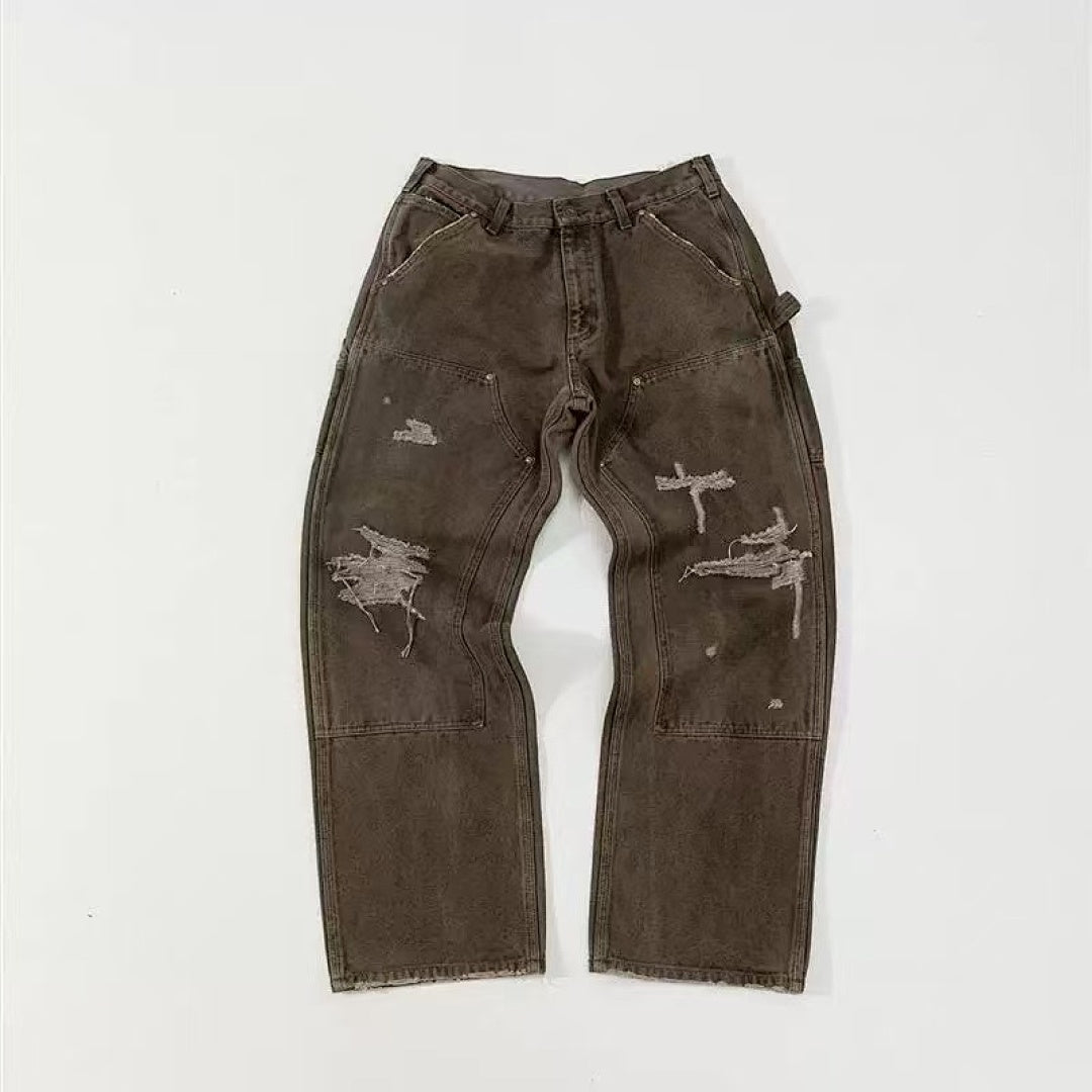 Vintage Brown Distressed Double Knee Carpenter Work Pants