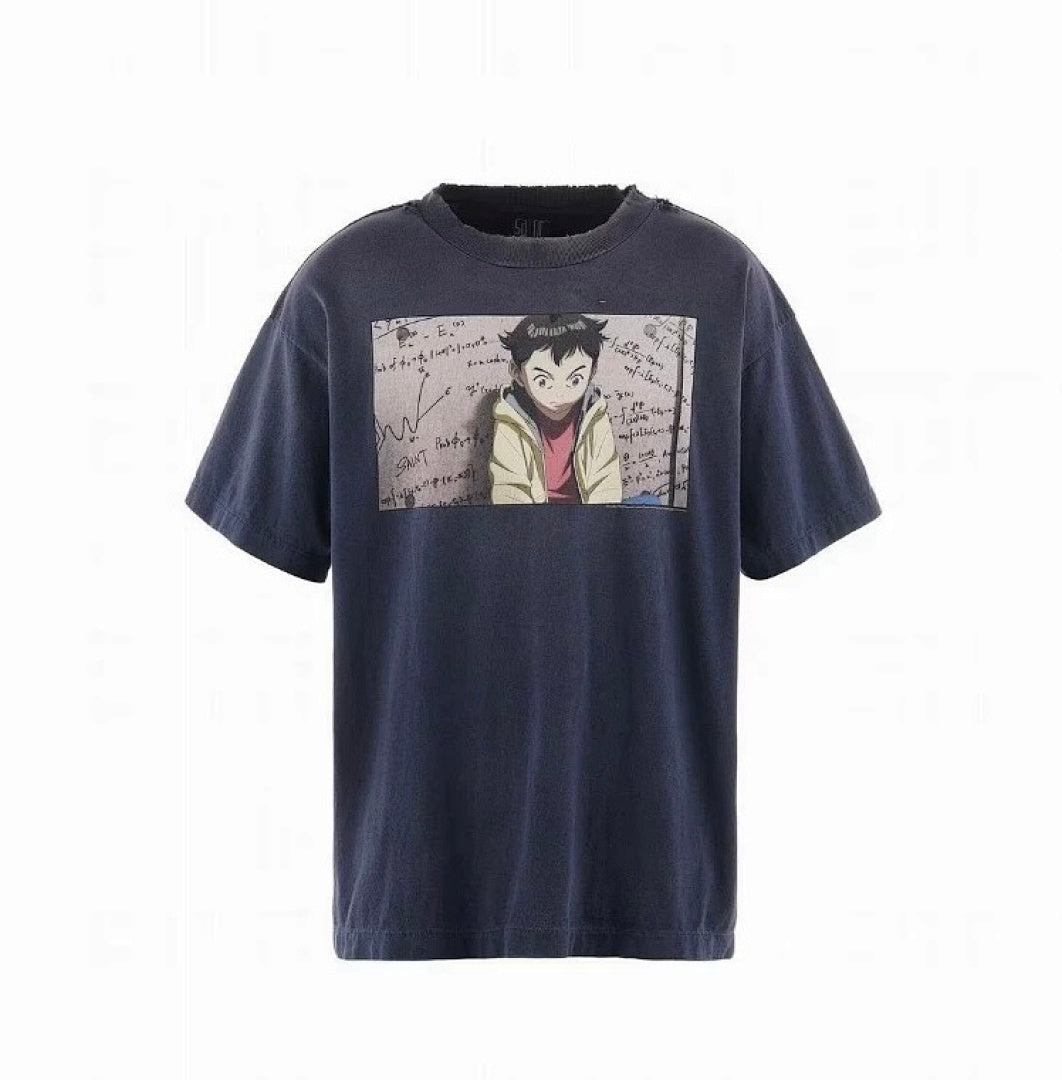 Saint Michael Oversized Anime-Graphic Tee - Faded Navy