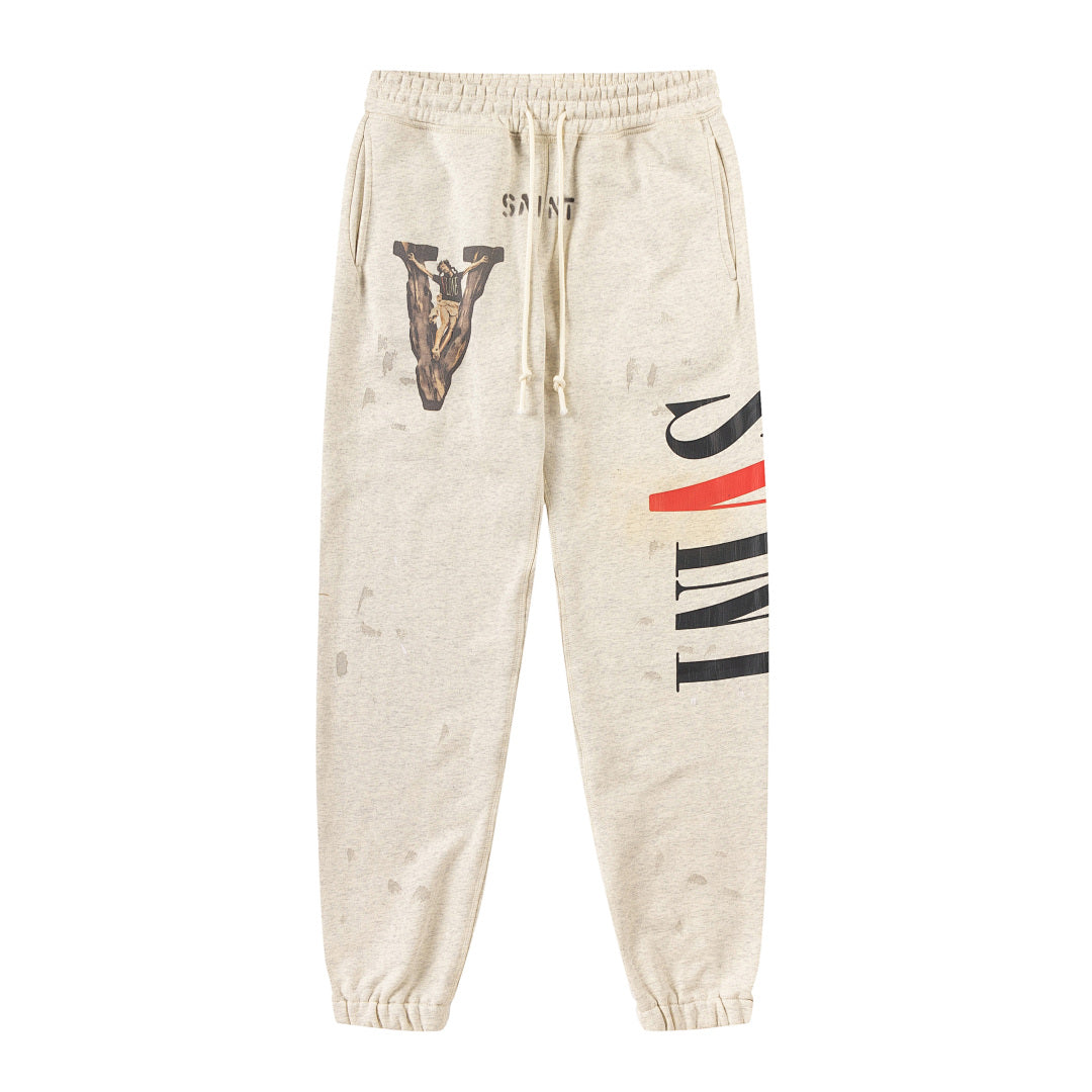 Saint Michael Cross‑Vintage Oat Heather Paint‑Splatter Jogger Sweatpants
