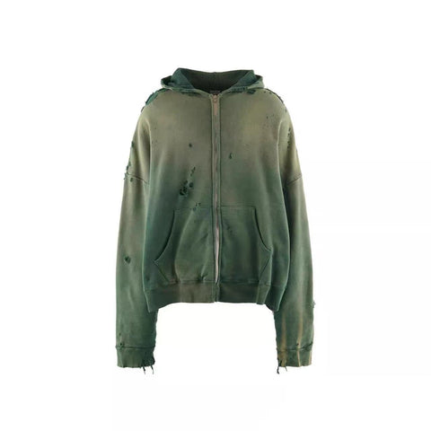 Saint Michael Ombre Green Destroyed Zip‑Up Cropped Hoodie