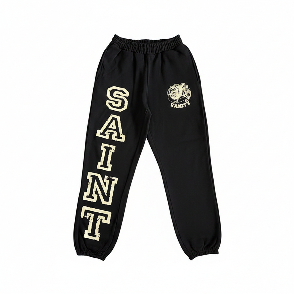 SAINT VANITY Black Jogger Sweatpants, Off‑White Varsity Print