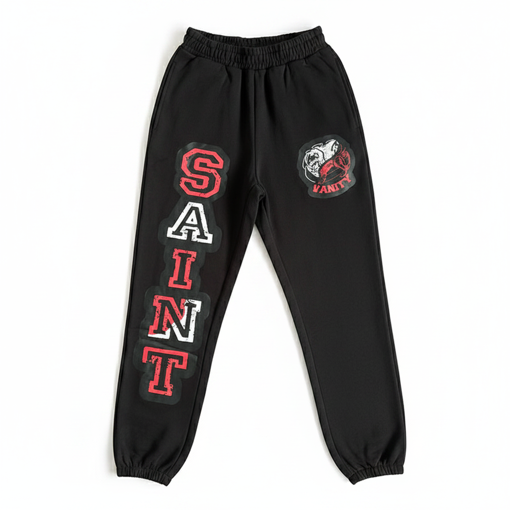 SAINT VANITY Black Jogger Sweatpants, Red‑White Varsity Print, white background flat lay
