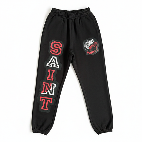 SAINT VANITY Black Jogger Sweatpants, Red‑White Varsity Print, white background flat lay