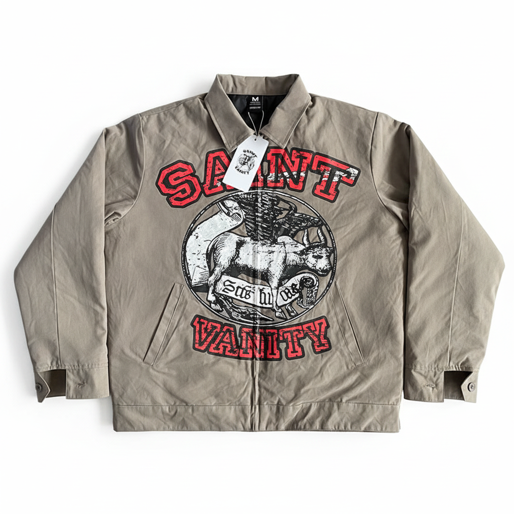 SAINT VANITY Vintage Graphic Zip‑Up Coach Jacket white background flat lay
