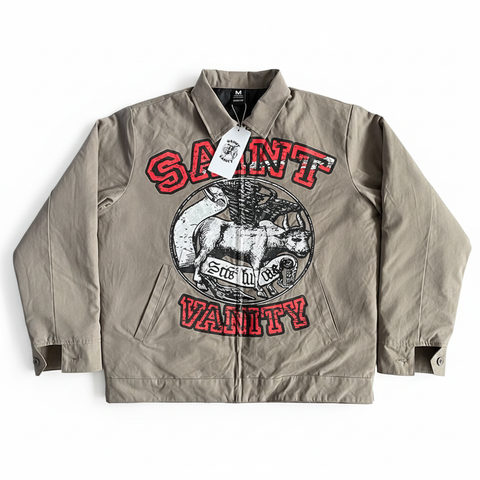 SAINT VANITY Vintage Graphic Zip‑Up Coach Jacket white background flat lay