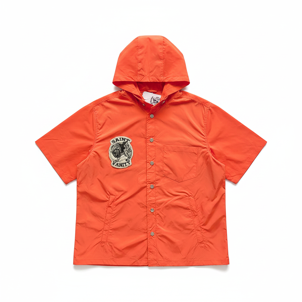 SAINT VANITY Embroidered Orange Hooded Nylon Jacket - White Background Flat Lay