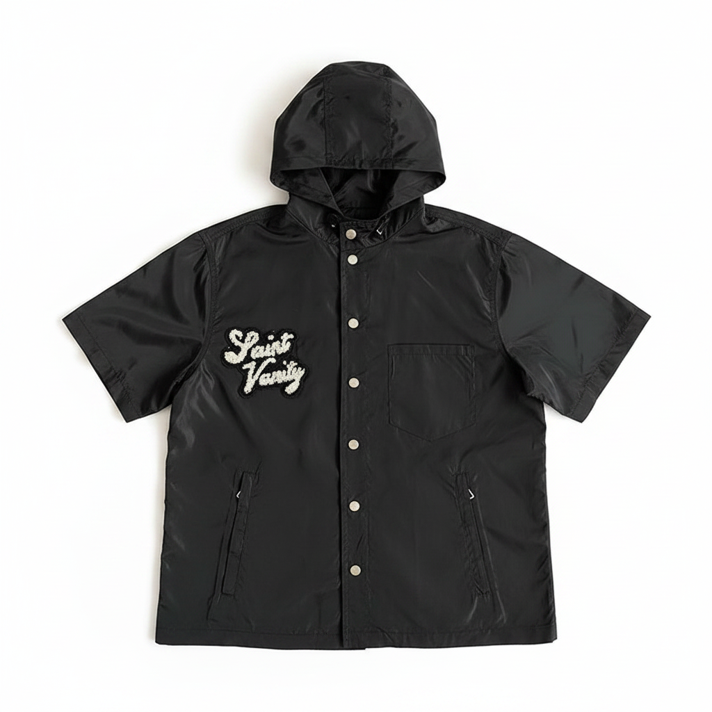 SAINT VANITY Embroidered Short-Sleeve Hooded Nylon Jacket - White Background Flat Lay