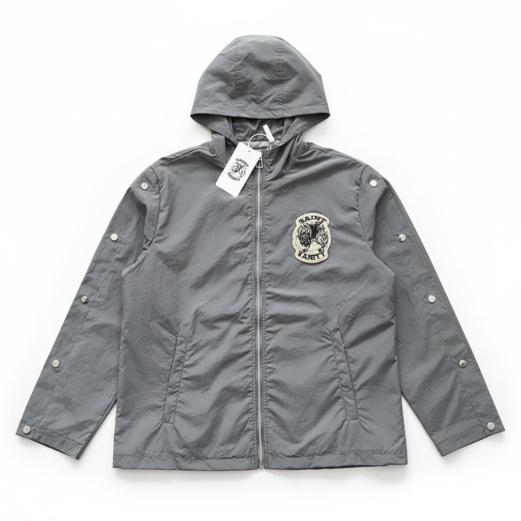SAINT VANITY Embroidered Zip-Up Grey Hooded Nylon Jacket