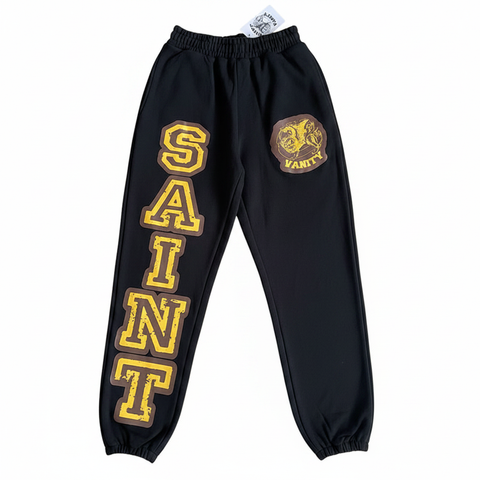 SAINT VANITY Black Varsity Print Jogger Sweatpants white background flat lay