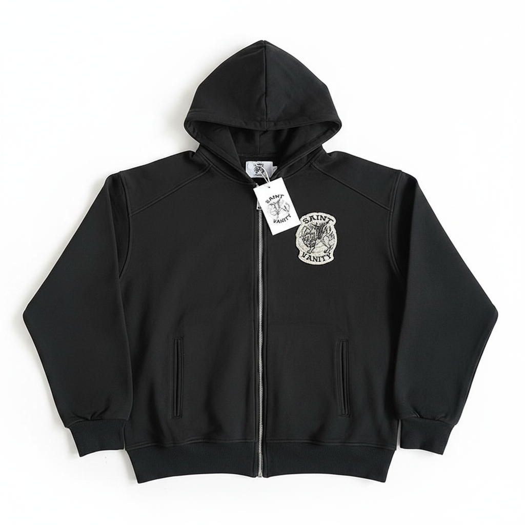 SAINT VANITY Embroidered Zip Up Hoodie - White Background Flat Lay Front