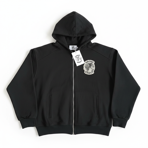 SAINT VANITY Embroidered Zip Up Hoodie - White Background Flat Lay Front