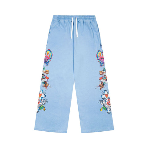 WE ARE RIGHTEOUS TATTOO PRINT WIDE LEG SWEATPANTS WASHED LIGHT BLUE